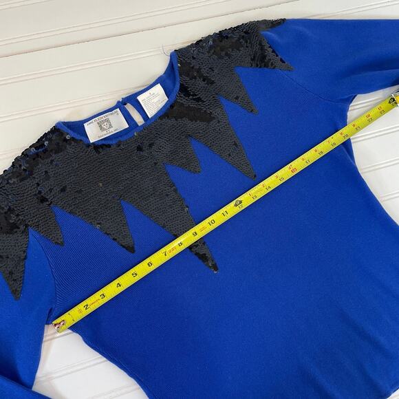 Anne Klein Vintage Blue & Black Sequin Cotton Crew Neck Pullover Sweater Size S - Picture 4 of 5